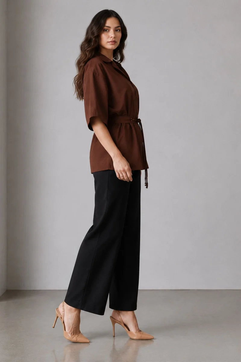 Taehi|100% Cotton Lapel Collar Shirt With Belt