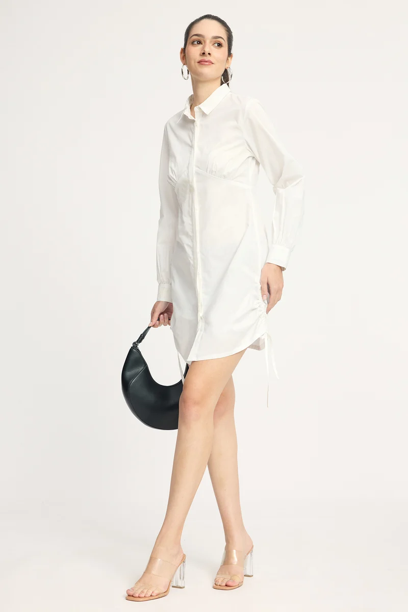 Hyungi|100% Cotton Side Ruched Shirt Mini Dress