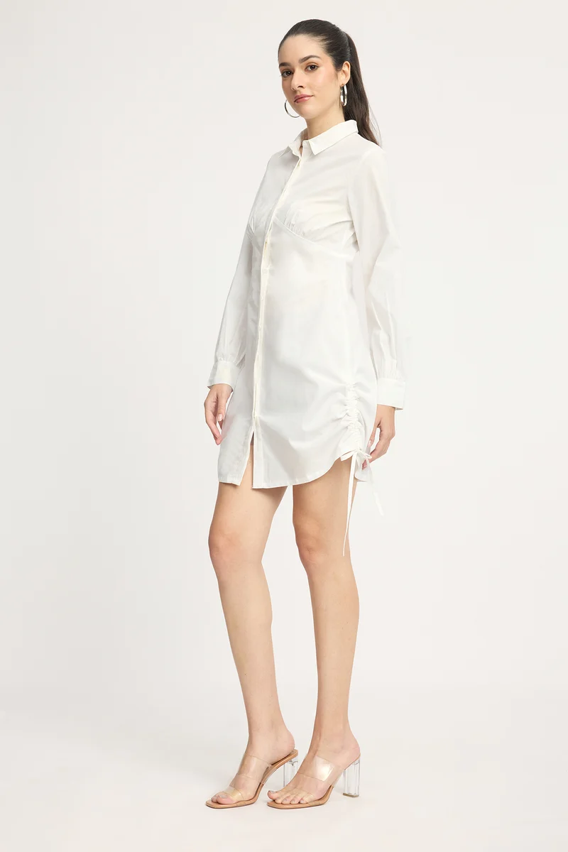 Hyungi|100% Cotton Side Ruched Shirt Mini Dress