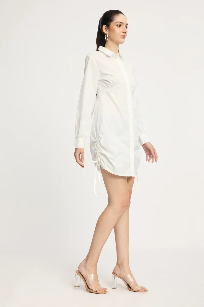 Hyungi|100% Cotton Side Ruched Shirt Mini Dress