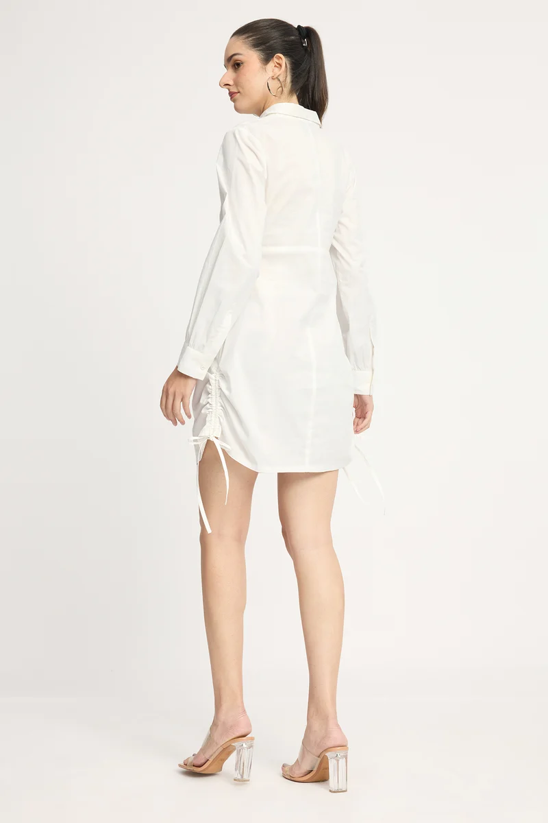 Hyungi|100% Cotton Side Ruched Shirt Mini Dress