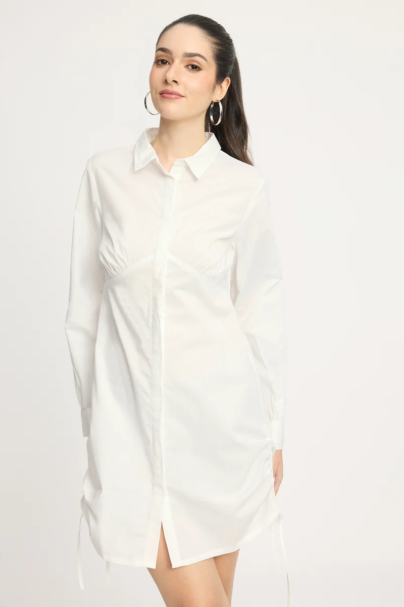 Hyungi|100% Cotton Side Ruched Shirt Mini Dress