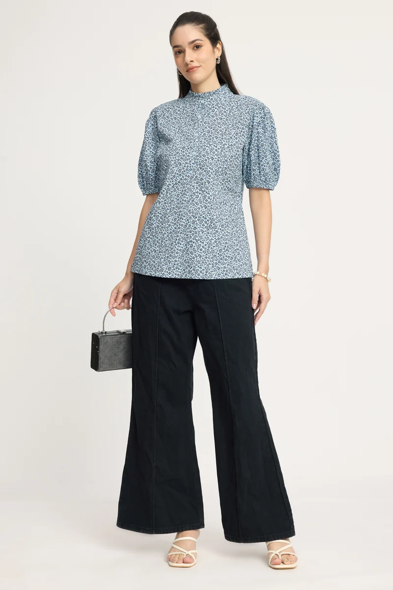 Jannik|100% Cotton Ruffled High Neck Printed Top