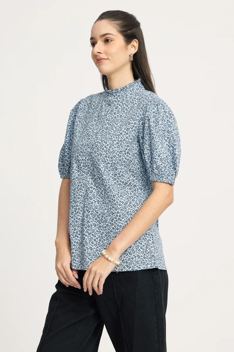 Jannik|100% Cotton Ruffled High Neck Printed Top