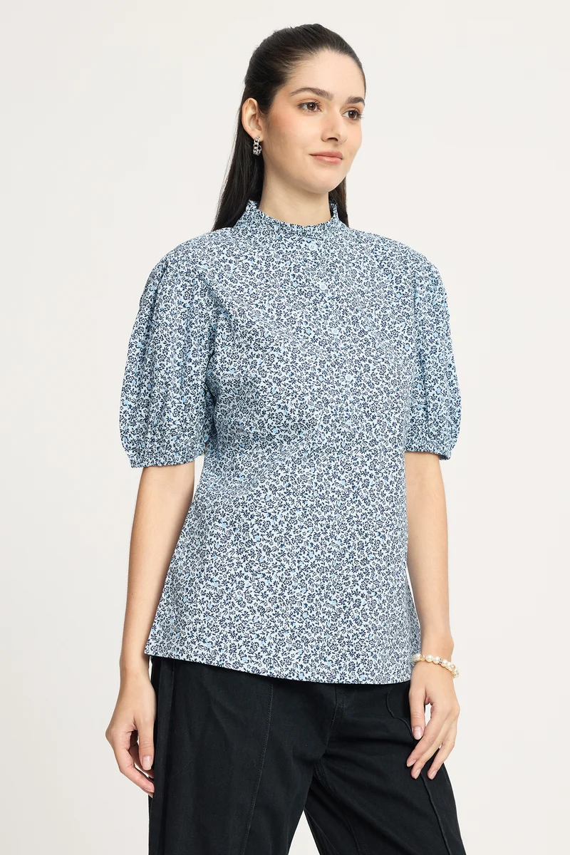 Jannik|100% Cotton Ruffled High Neck Printed Top