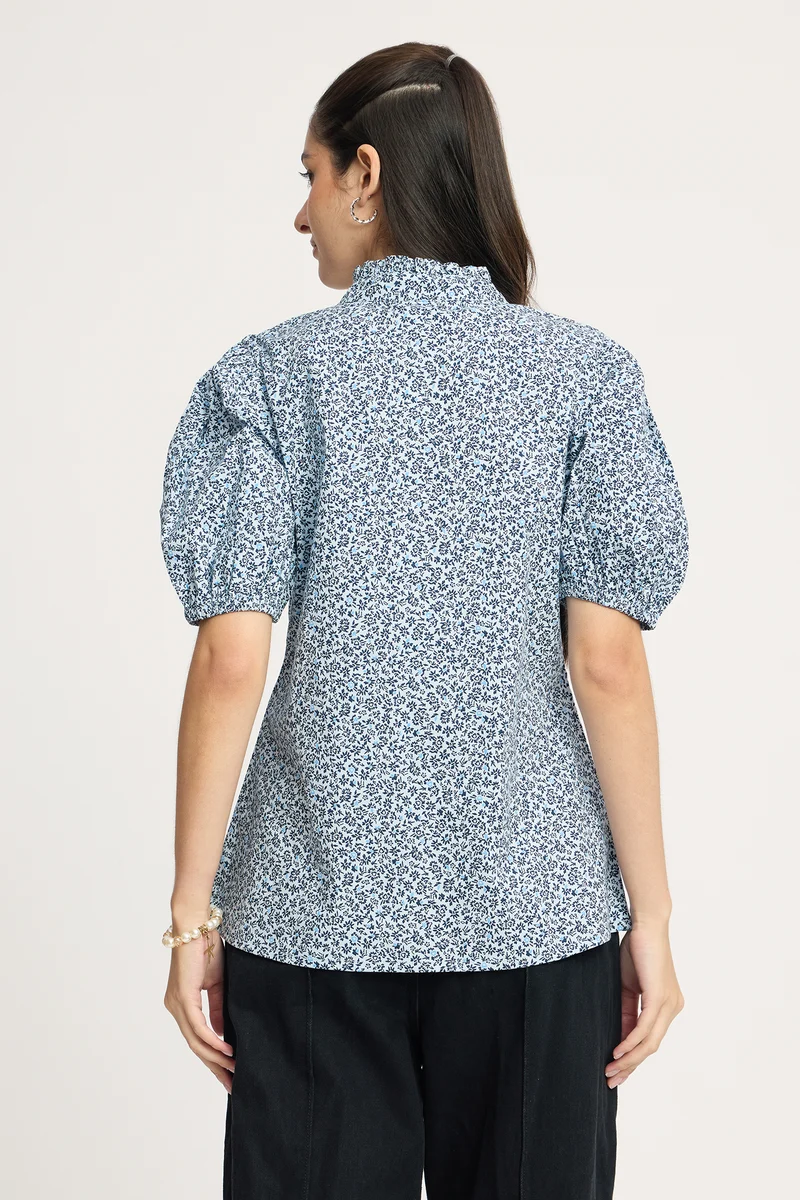 Jannik|100% Cotton Ruffled High Neck Printed Top