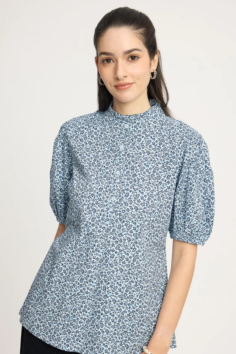 Jannik|100% Cotton Ruffled High Neck Printed Top