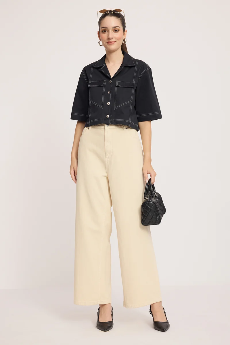 Caove|100% Cotton Contrast Stitch Crop Shacket
