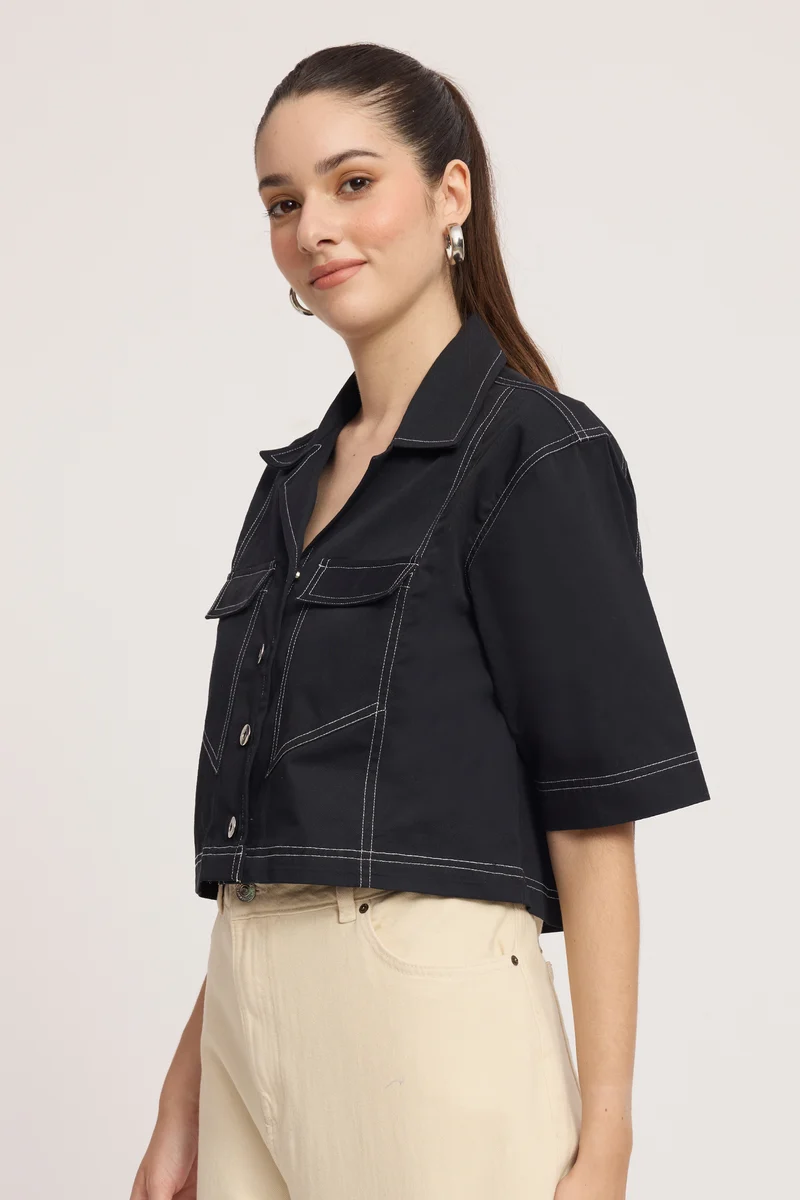 Caove|100% Cotton Contrast Stitch Crop Shacket