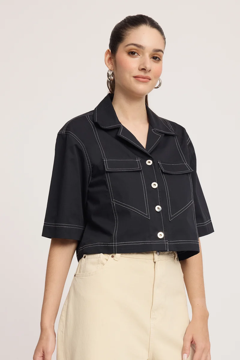 Caove|100% Cotton Contrast Stitch Crop Shacket