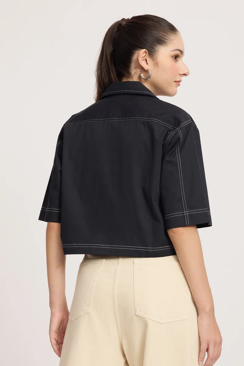 Caove|100% Cotton Contrast Stitch Crop Shacket