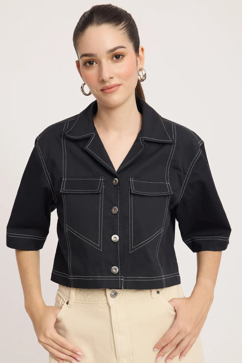 Caove|100% Cotton Contrast Stitch Crop Shacket