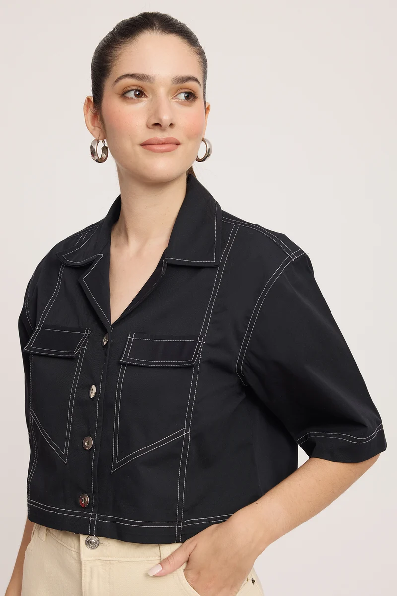Caove|100% Cotton Contrast Stitch Crop Shacket
