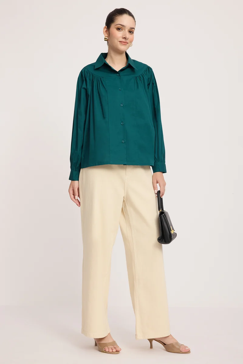 Aisva|100% Cotton Gathered Yoke Boxy Shirt