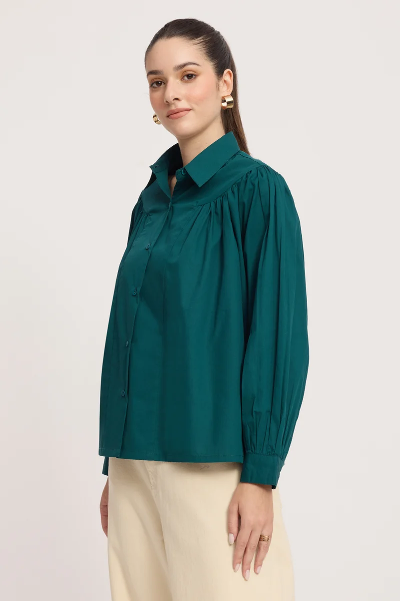 Aisva|100% Cotton Gathered Yoke Boxy Shirt