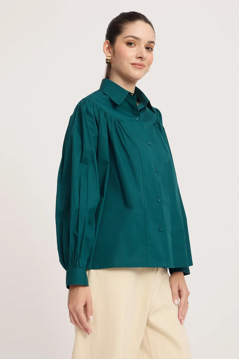 Aisva|100% Cotton Gathered Yoke Boxy Shirt