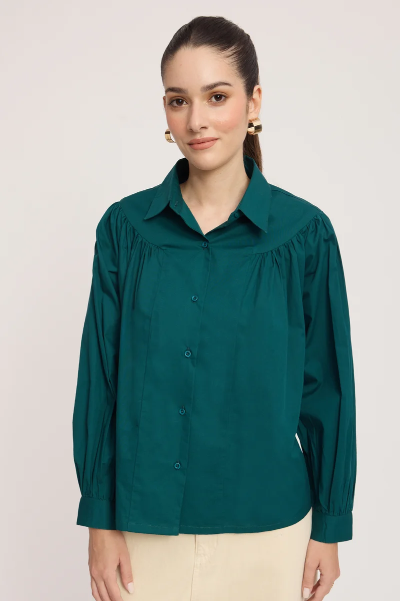 Aisva|100% Cotton Gathered Yoke Boxy Shirt