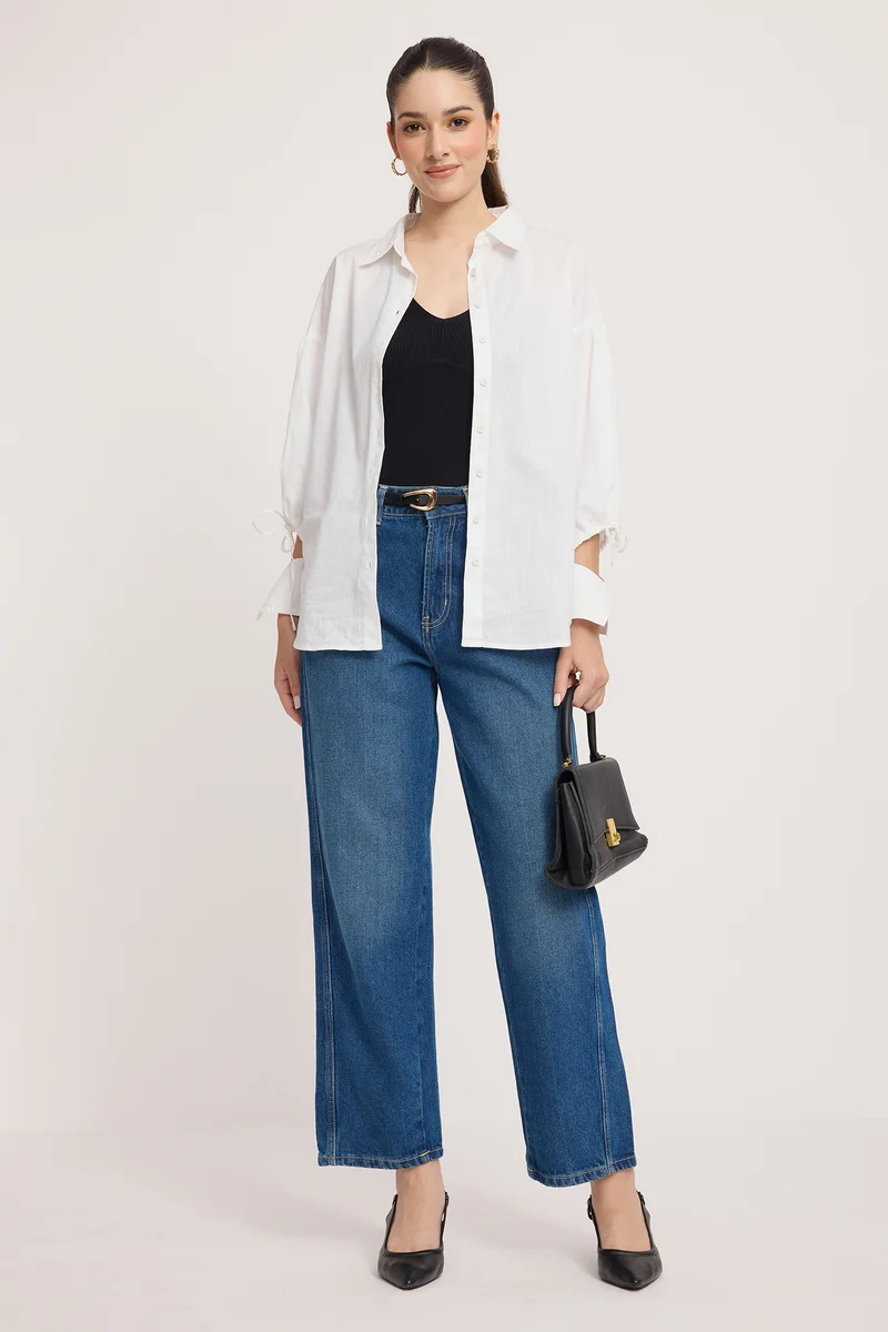 Rhiva|100% Cotton Tie-Up Puff Sleeve Shirt