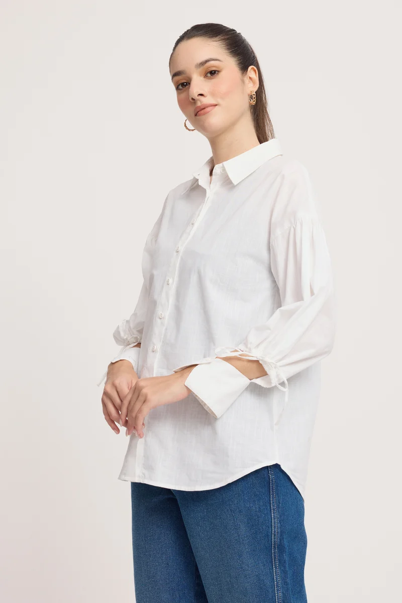 Rhiva|100% Cotton Tie-Up Puff Sleeve Shirt