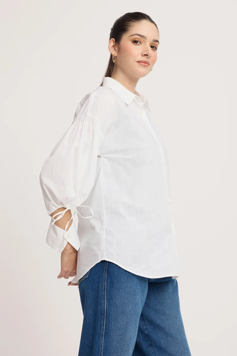 Rhiva|100% Cotton Tie-Up Puff Sleeve Shirt