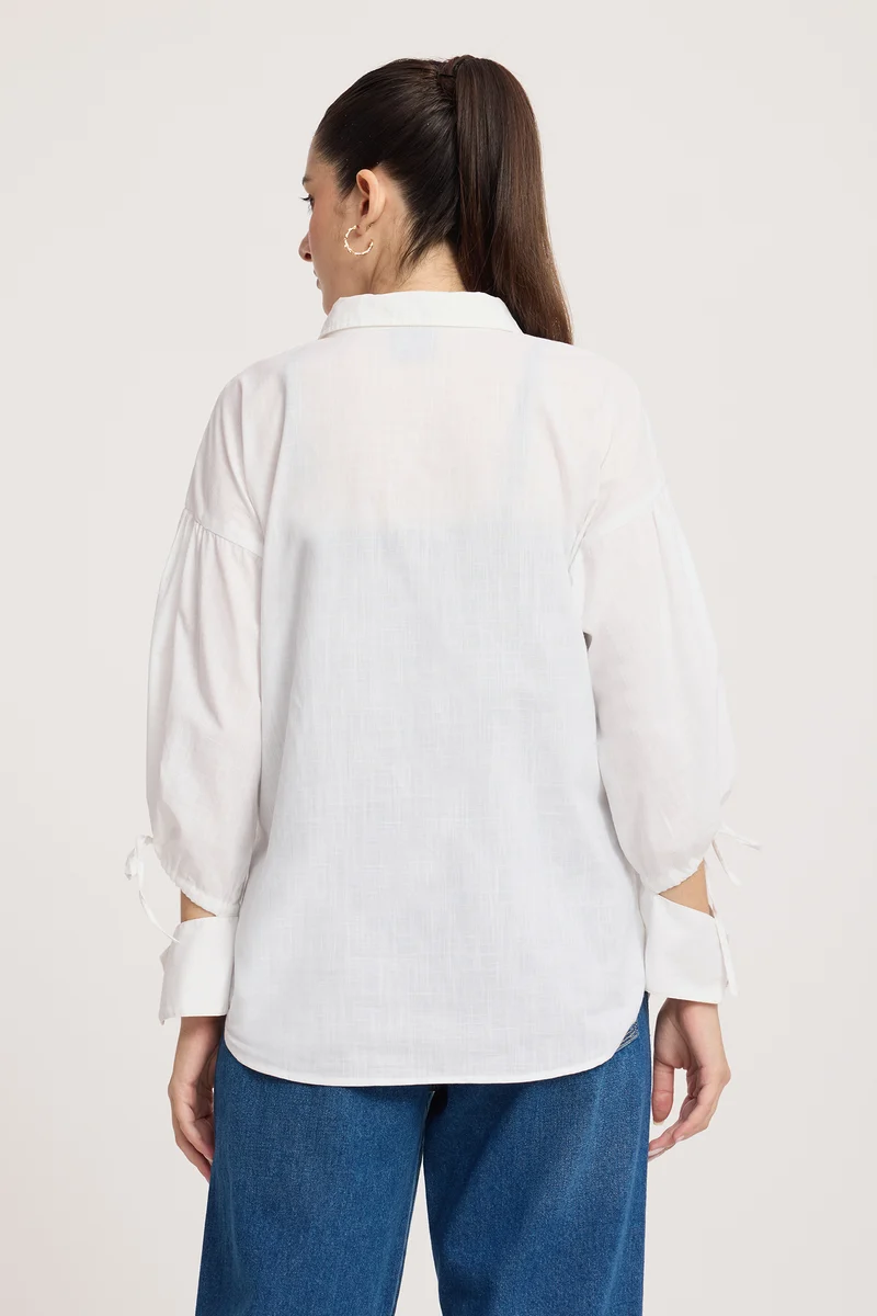 Rhiva|100% Cotton Tie-Up Puff Sleeve Shirt