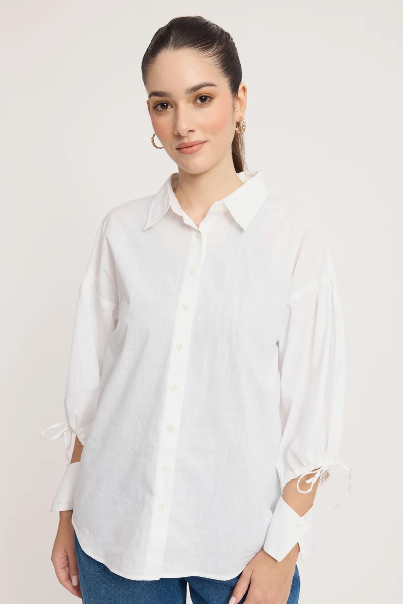 Rhiva|100% Cotton Tie-Up Puff Sleeve Shirt