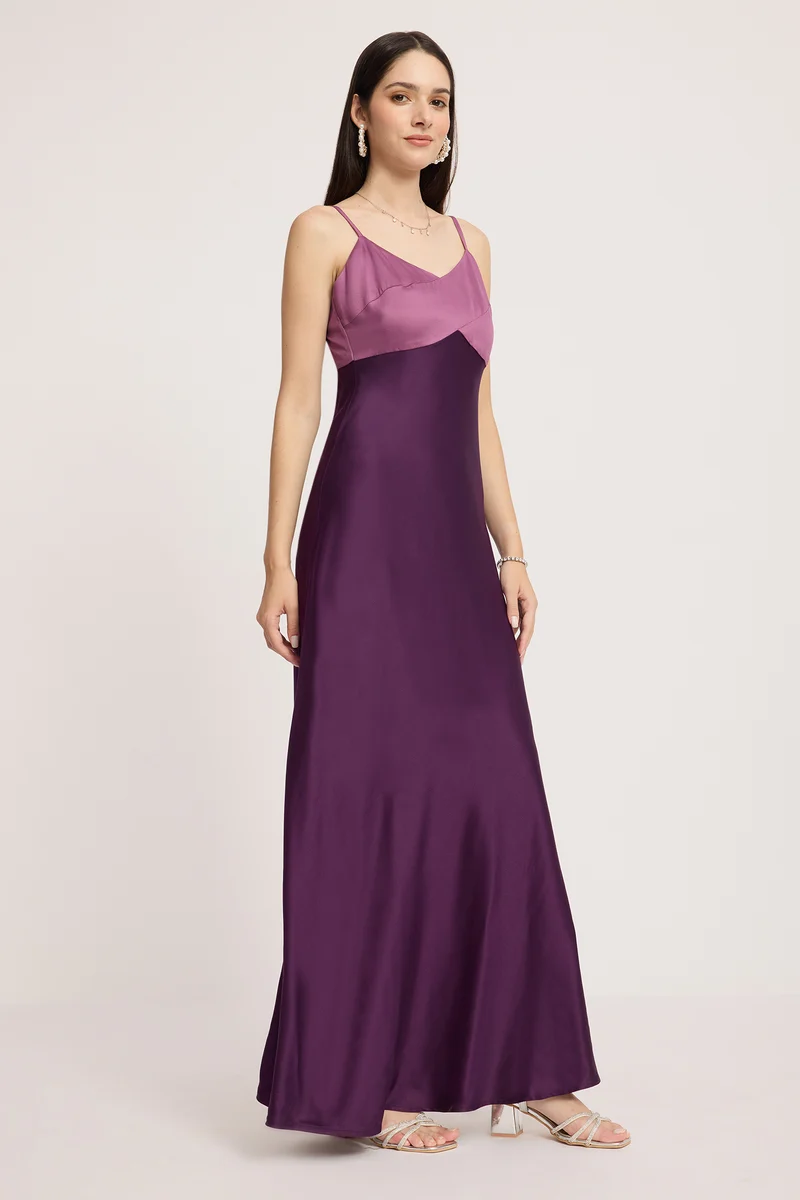 Ojara|100% Cotton Contrast Paneled Maxi Dress