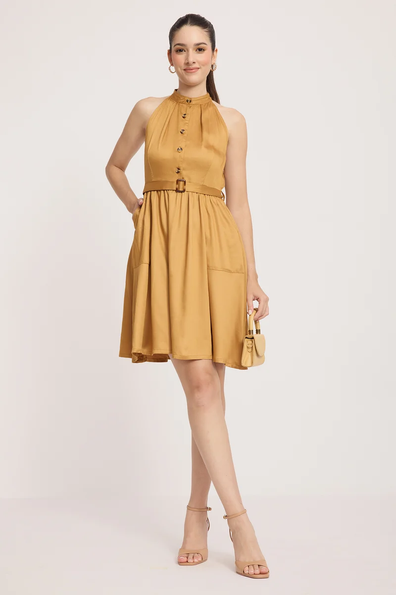 Shis|100% Viscose Halter Neck Mini Dress