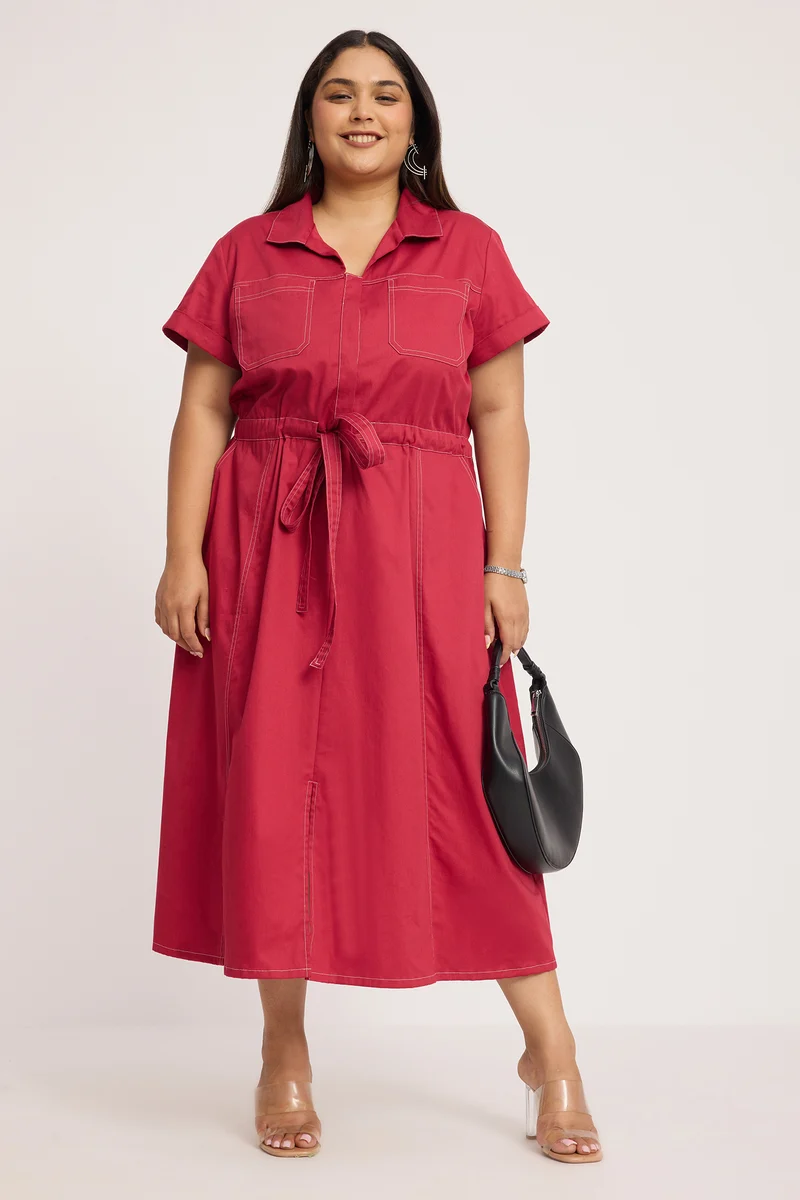 Sirva|100% Cotton Shirt Dress With Tie Up