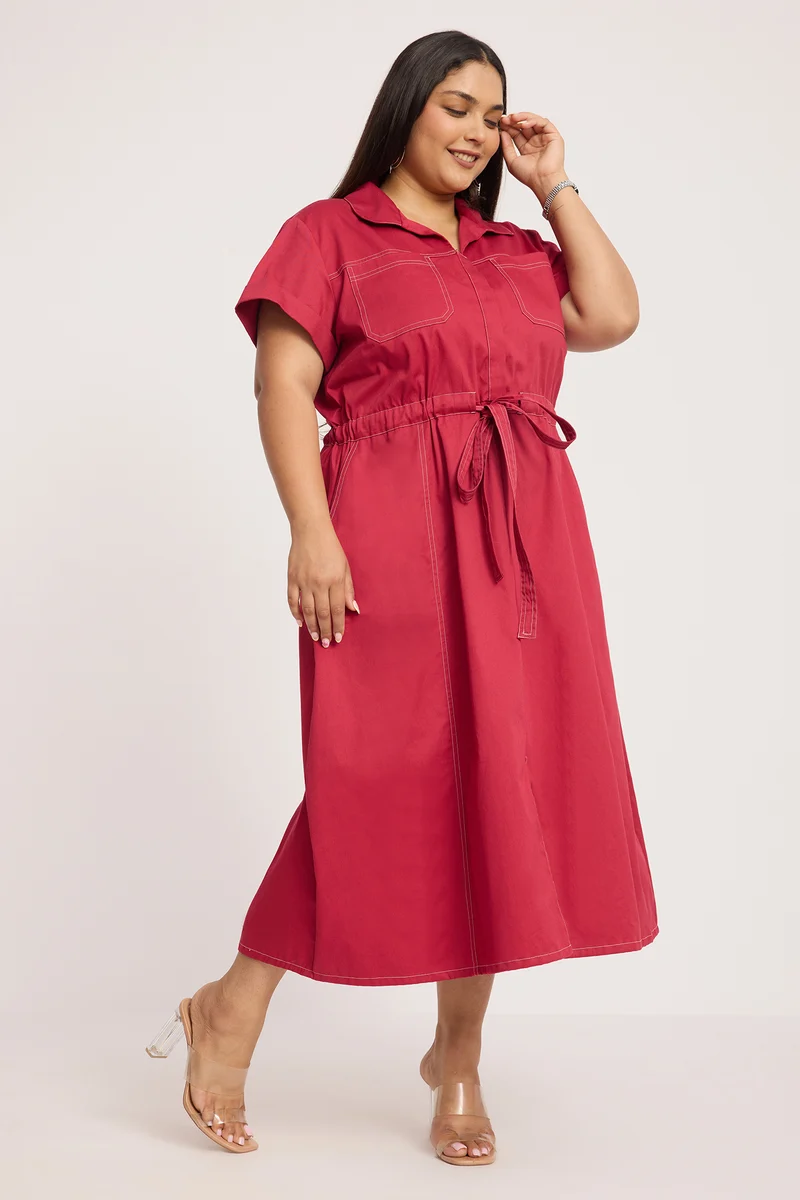 Sirva|100% Cotton Shirt Dress With Tie Up