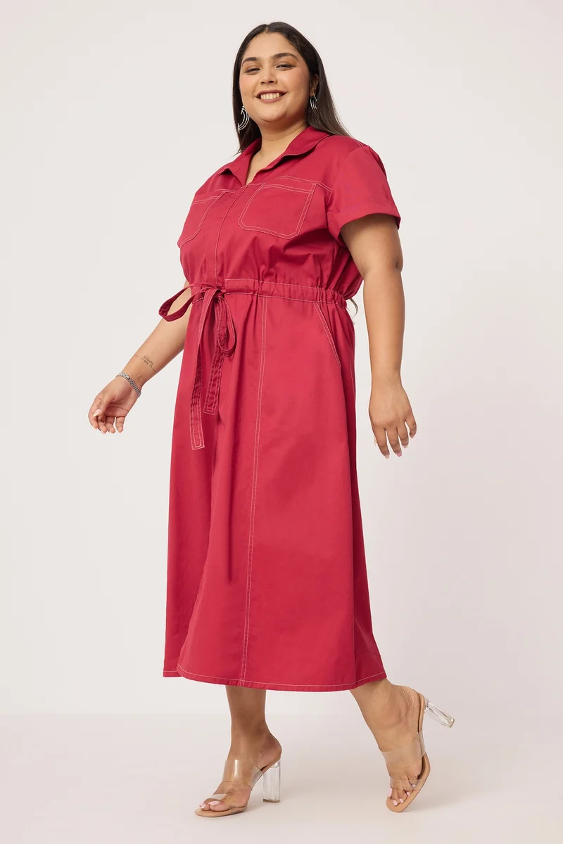Sirva|100% Cotton Shirt Dress With Tie Up
