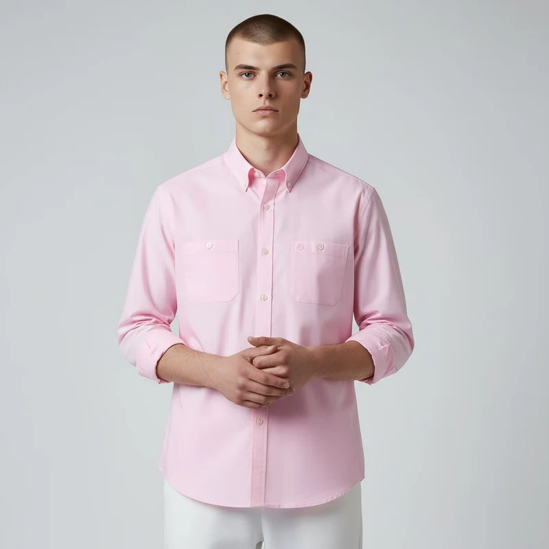 Chemise manches longues en coton rose Charles