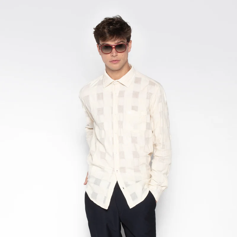 Chemise manches longues à carreaux Jacquard blanc ivoire Charles