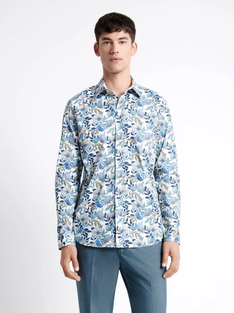 Chemise stretch fleurie en coton mélangé