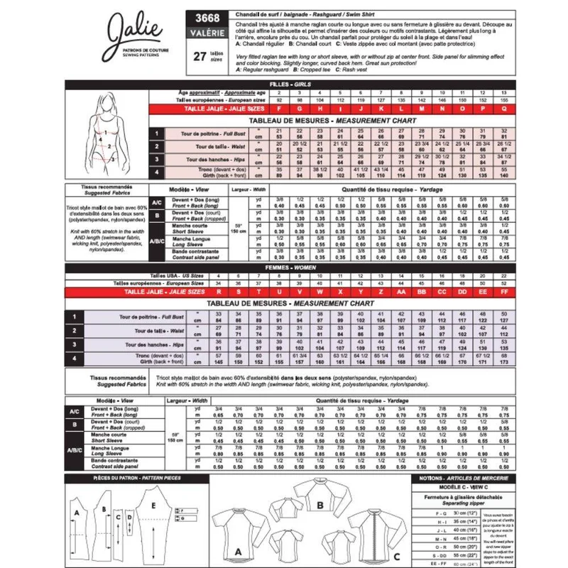 PATRON DE COUTURE PDF | Chandails de baignade et rashguards VALÉRIE 4450 | Jalie | BILINGUE (AN/FR)