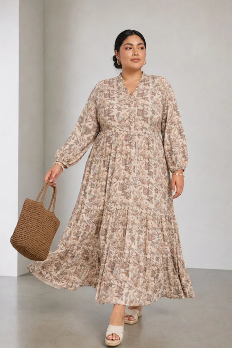 Tavra|100% Viscose Tiered Maxi Shirt Dress