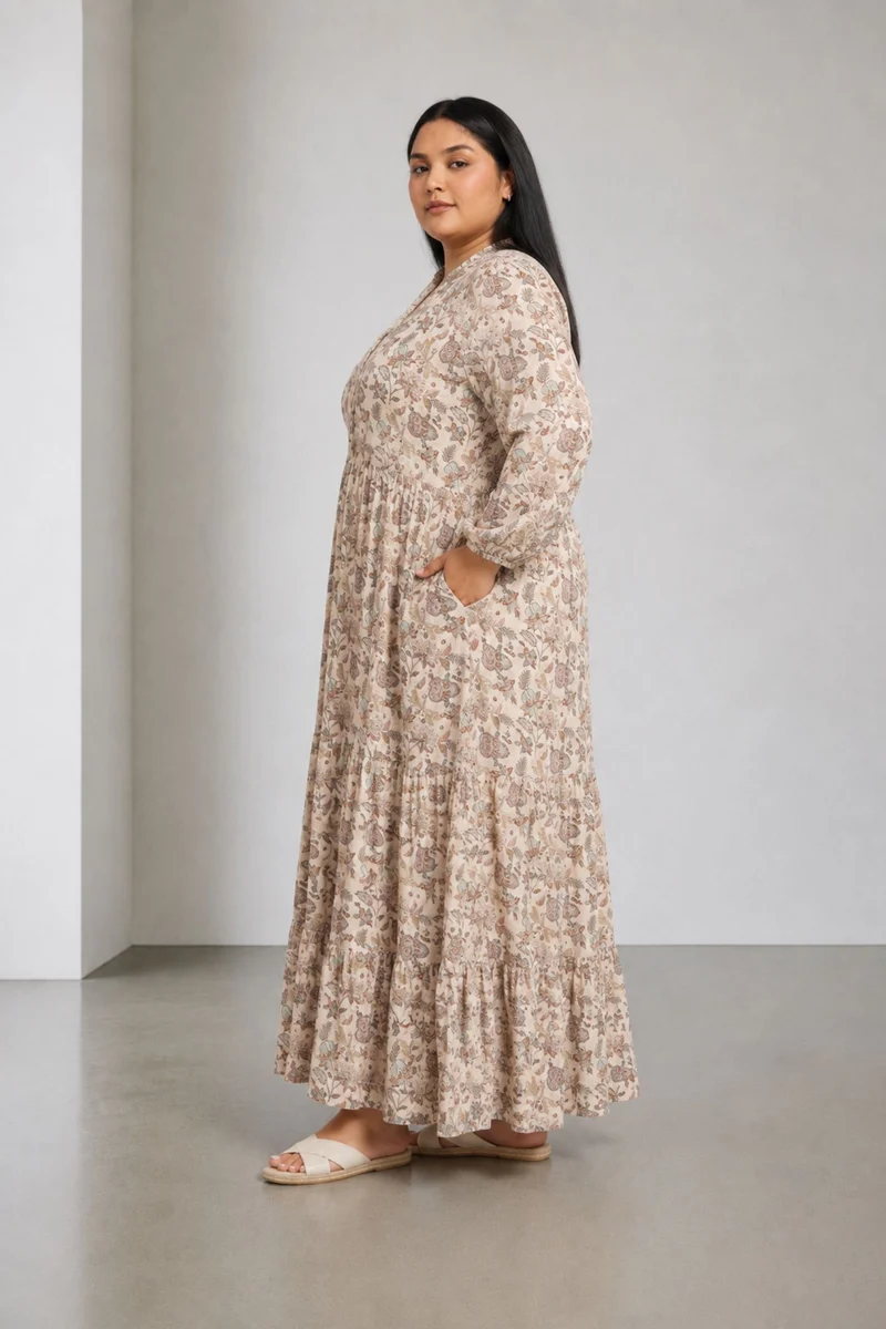 Tavra|100% Viscose Tiered Maxi Shirt Dress