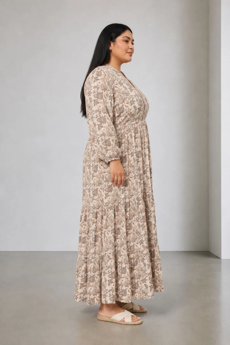 Tavra|100% Viscose Tiered Maxi Shirt Dress