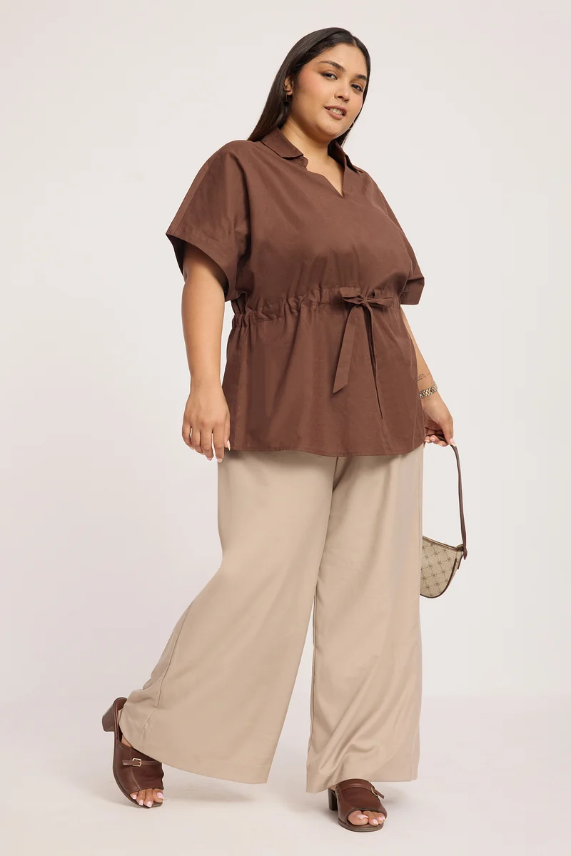 Jorga|100% Cotton Collared Top With Tie Up