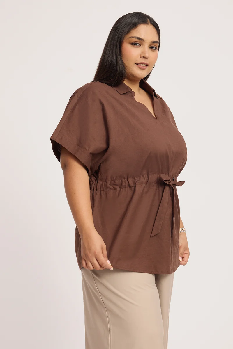 Jorga|100% Cotton Collared Top With Tie Up