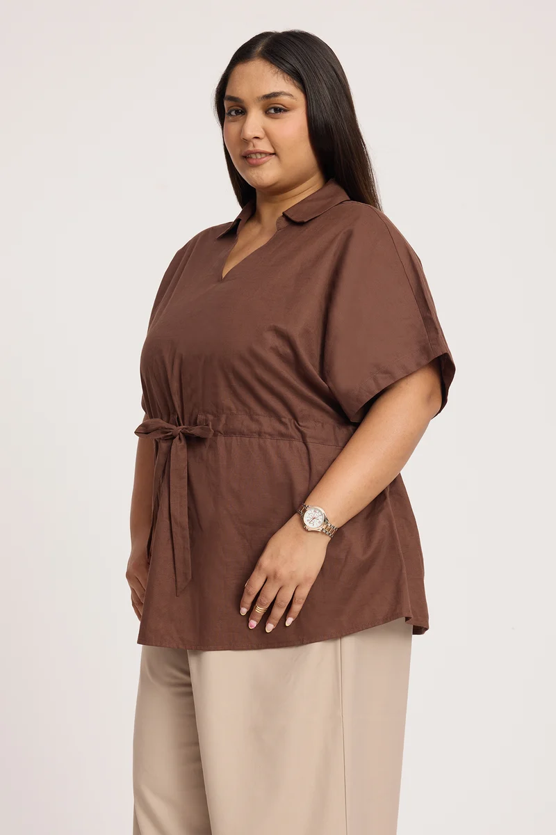 Jorga|100% Cotton Collared Top With Tie Up