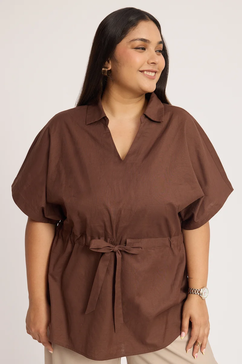 Jorga|100% Cotton Collared Top With Tie Up