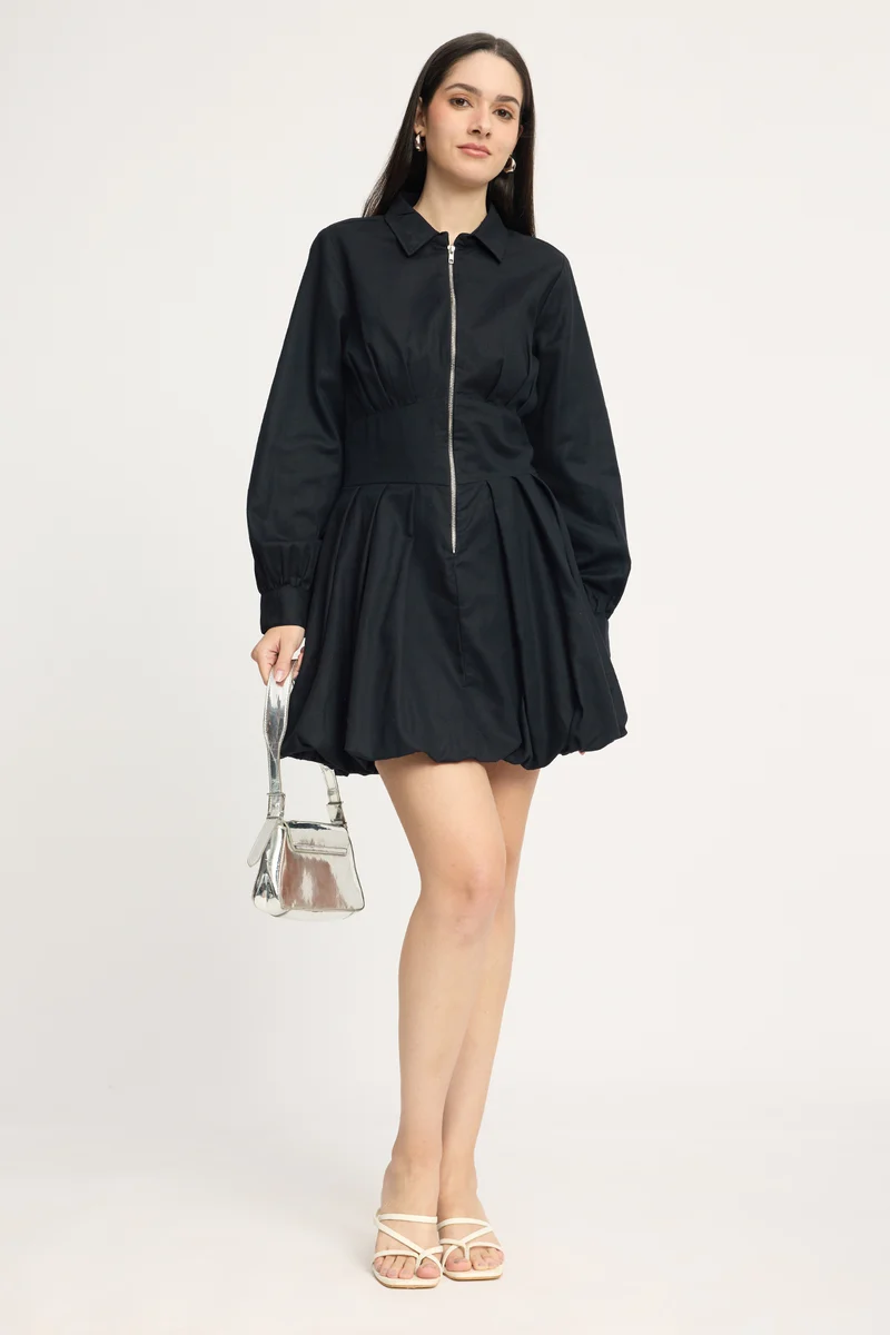 Siyah|100% Cotton Pleated Bubble Hem Mini Dress