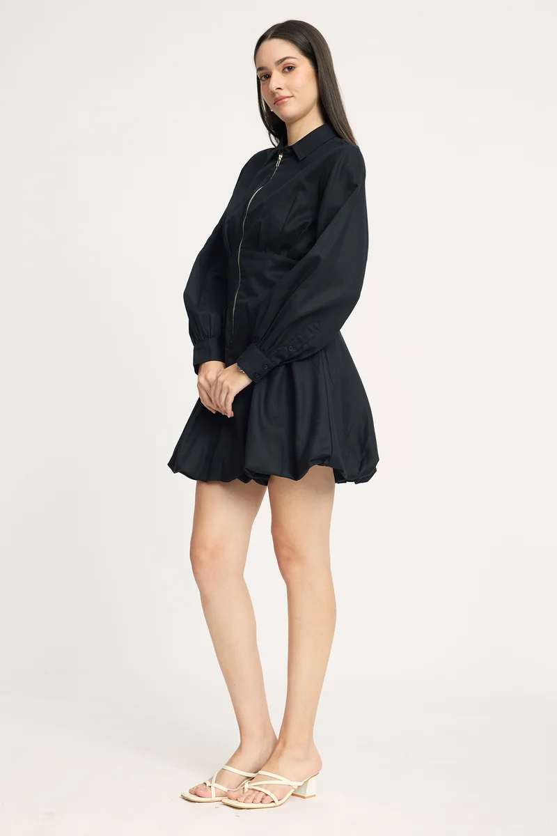 Siyah|100% Cotton Pleated Bubble Hem Mini Dress