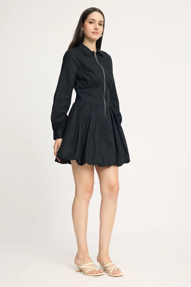 Siyah|100% Cotton Pleated Bubble Hem Mini Dress