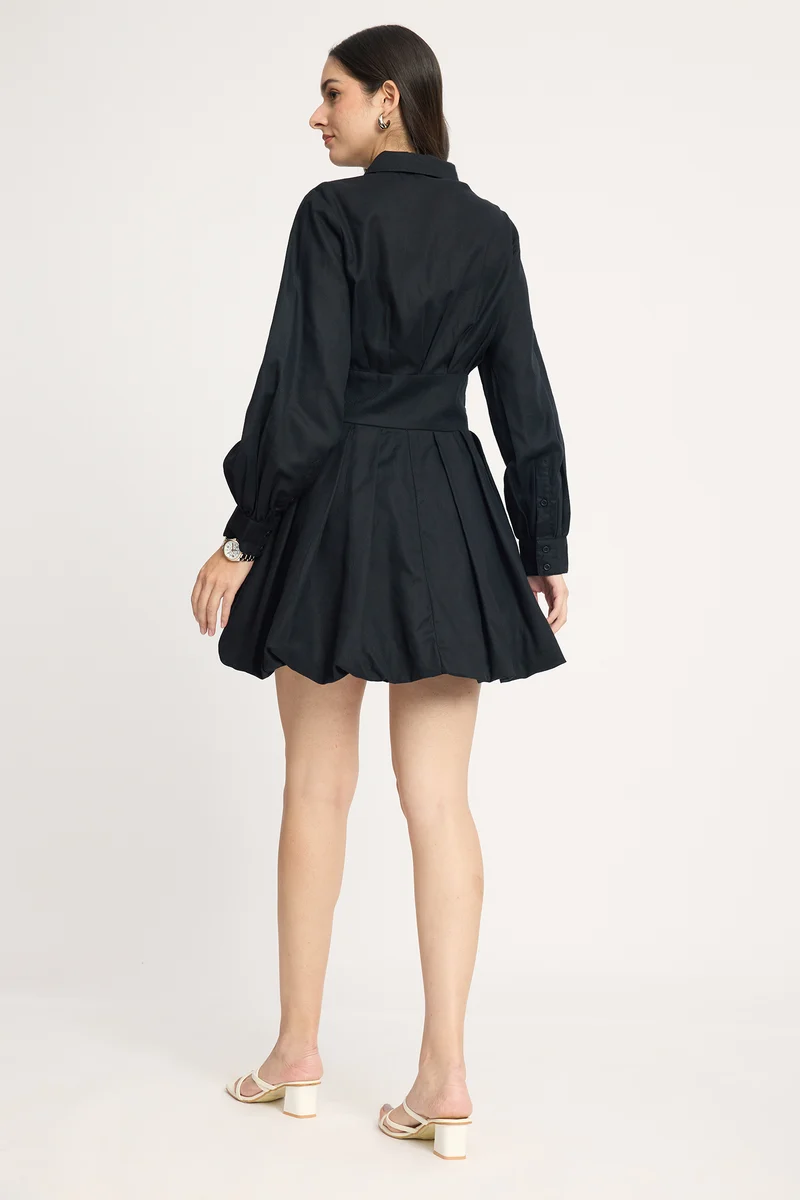 Siyah|100% Cotton Pleated Bubble Hem Mini Dress