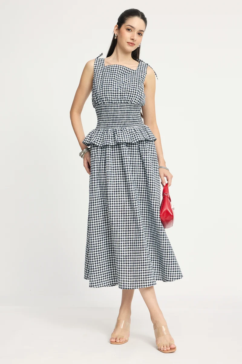 Janni|100% Cotton Smocked Waist Midi Dress
