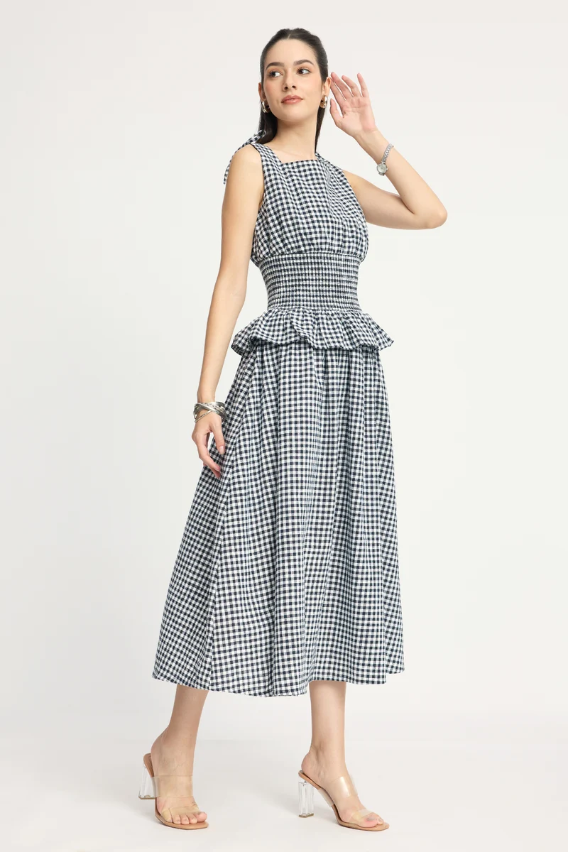 Janni|100% Cotton Smocked Waist Midi Dress