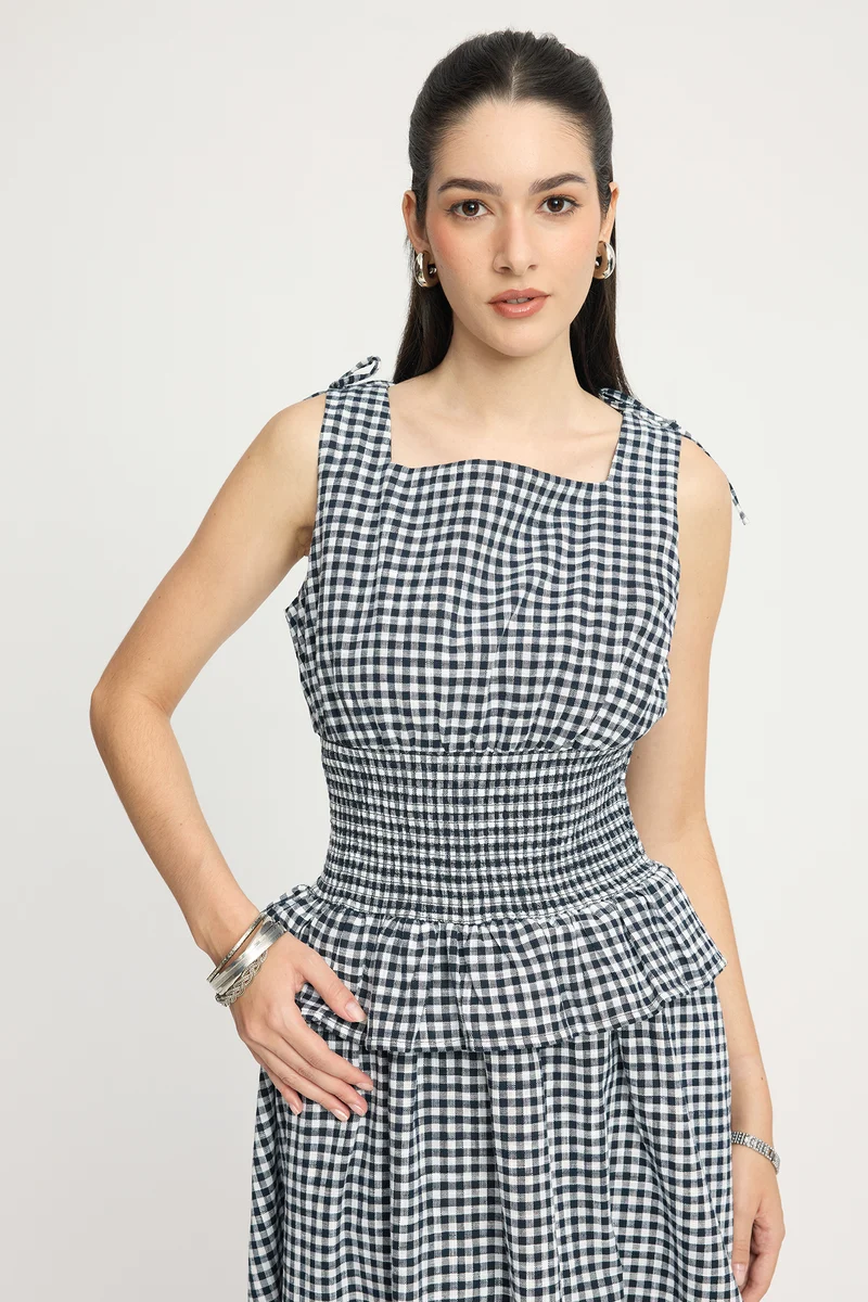 Janni|100% Cotton Smocked Waist Midi Dress