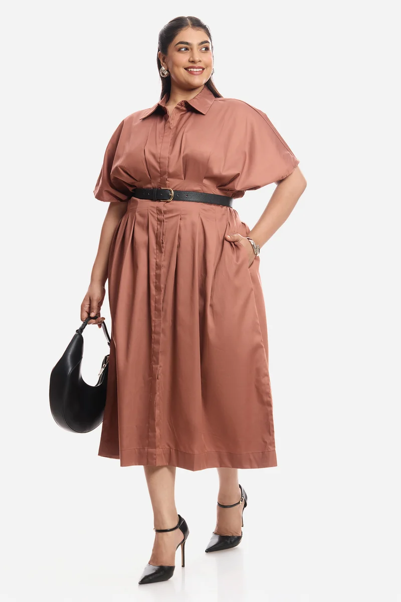 Tara|100% Viscose Pleated Button Shirt Dress